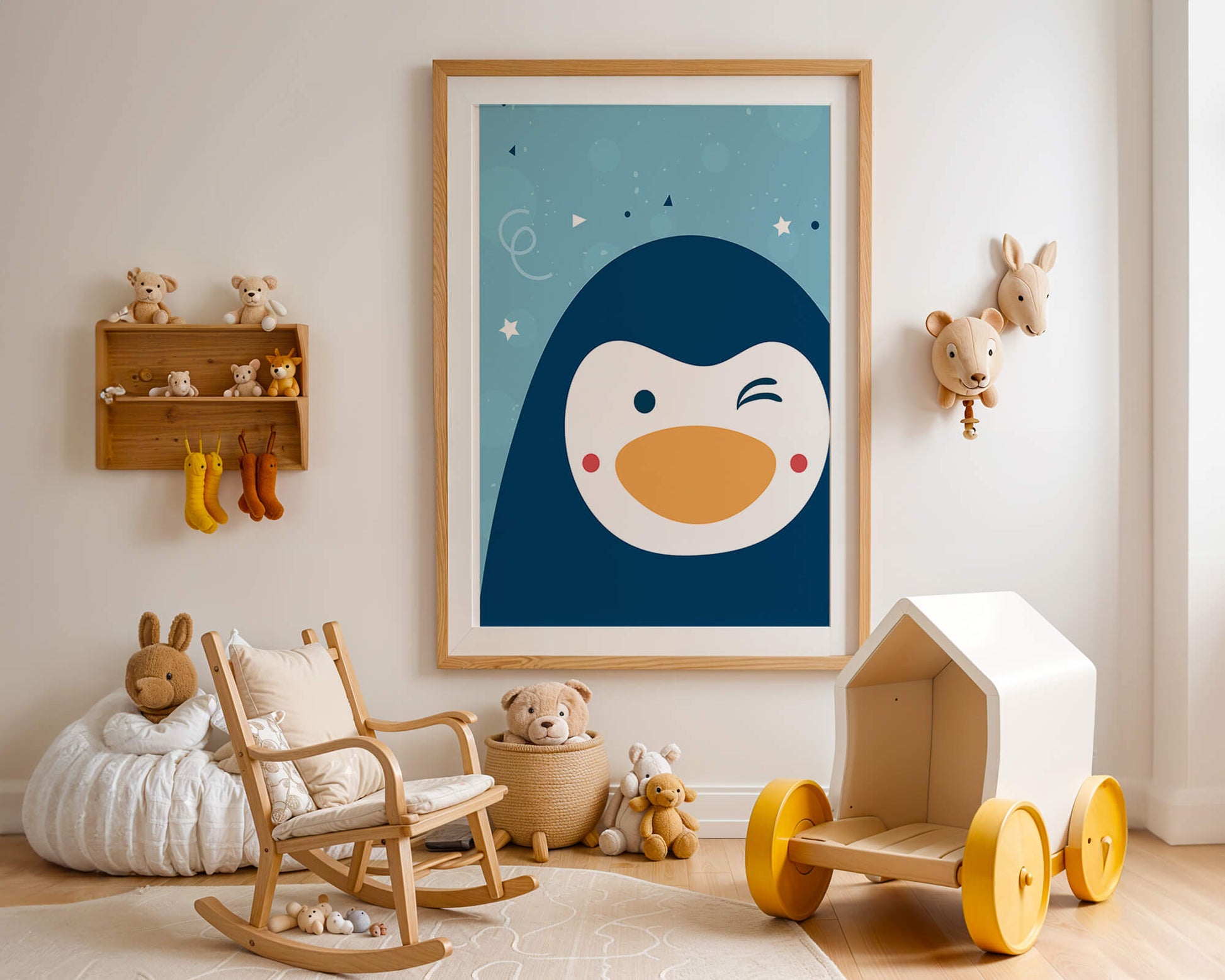 Pingüino de dibujos animados juguetón sobre un fondo azul caprichoso