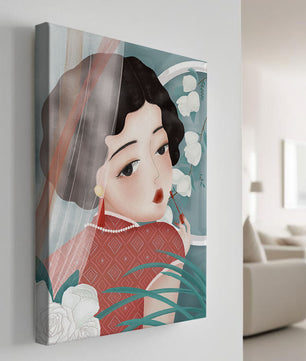 Elegant Asian Woman in Red Dress with White Roses and Pearls