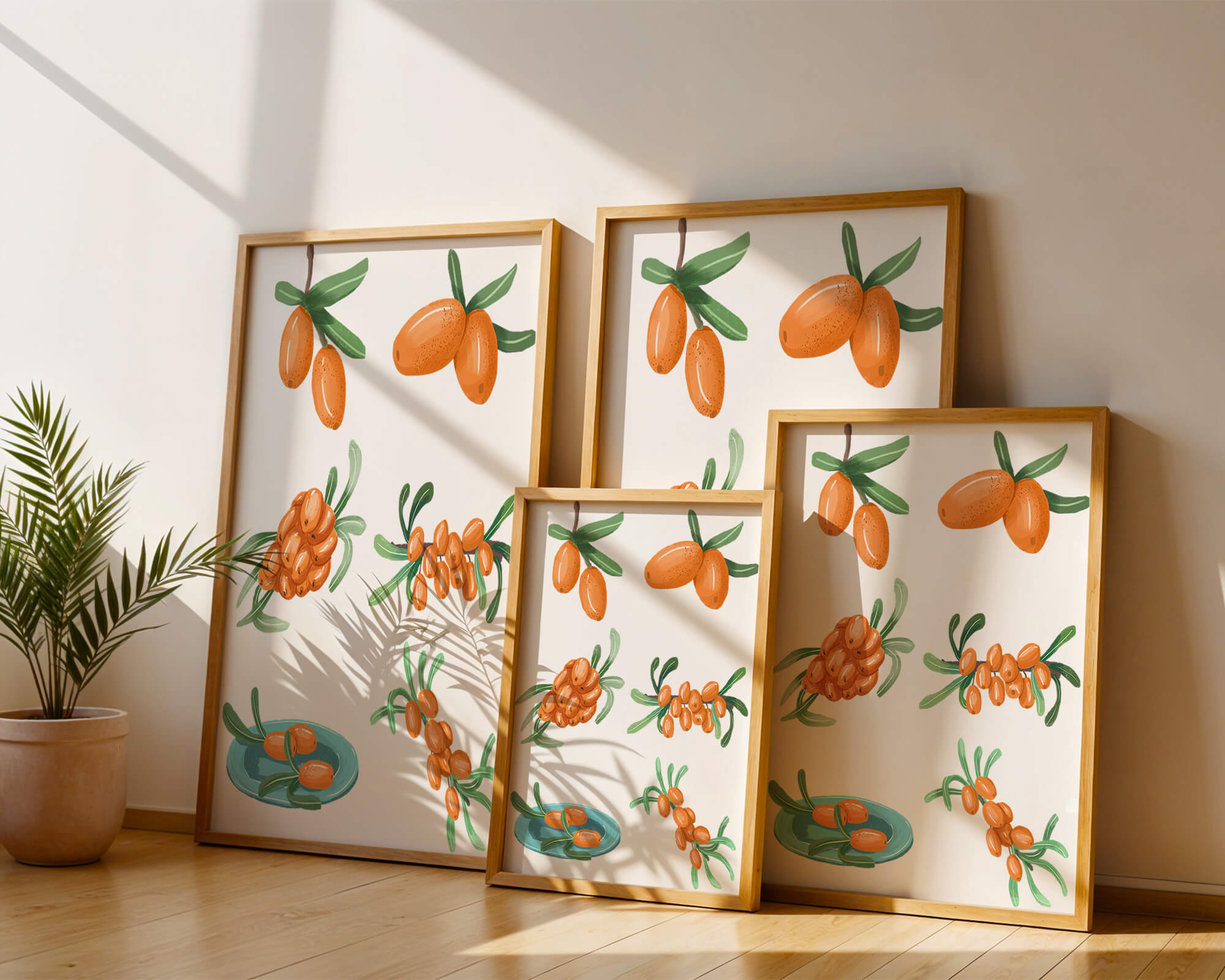 Illustrated sea buckthorn berries with leaves on black background