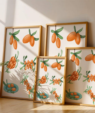 Illustrated sea buckthorn berries with leaves on black background