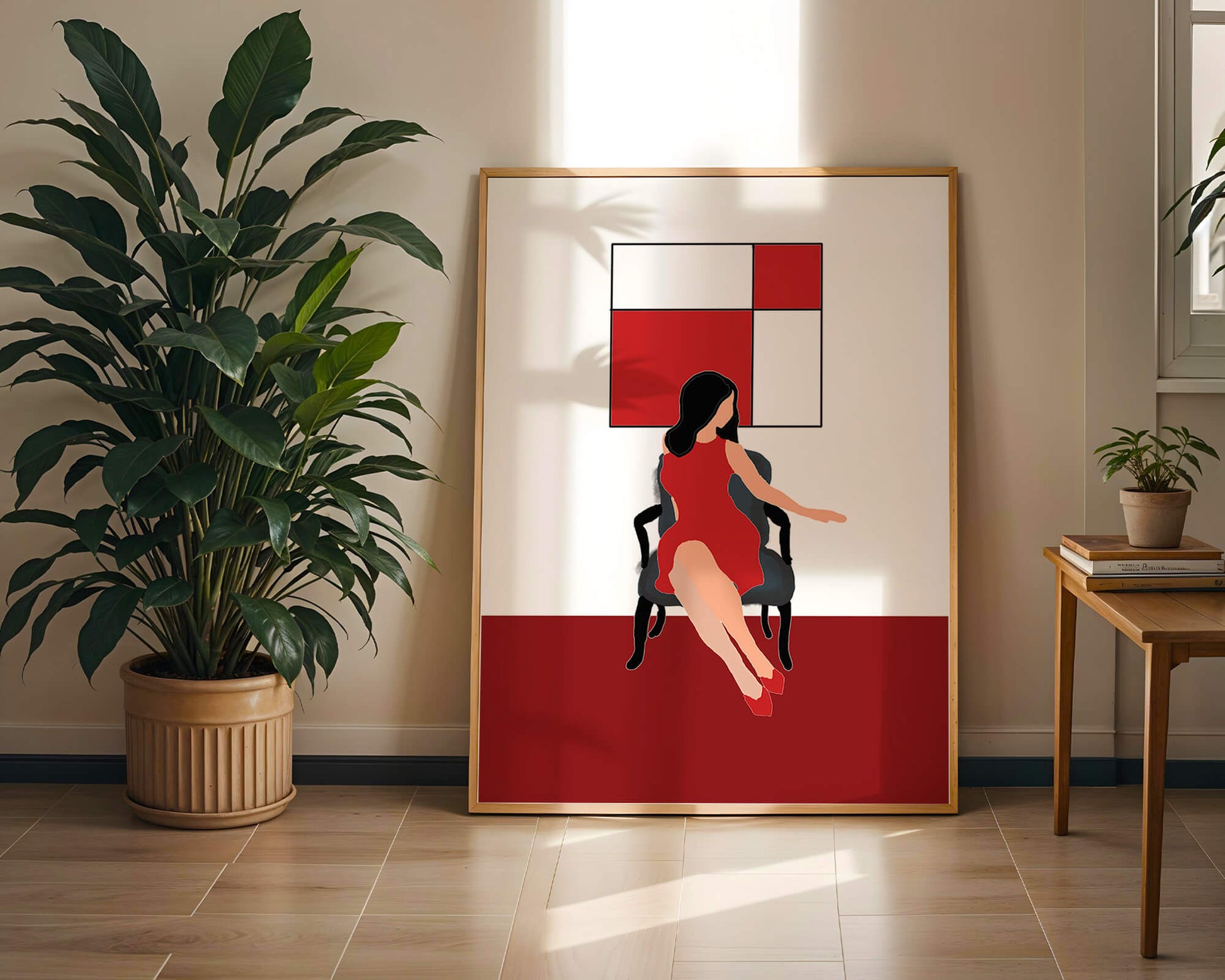 Mujer abstracta en vestido rojo sentada en una silla con arte geométrico en la pared