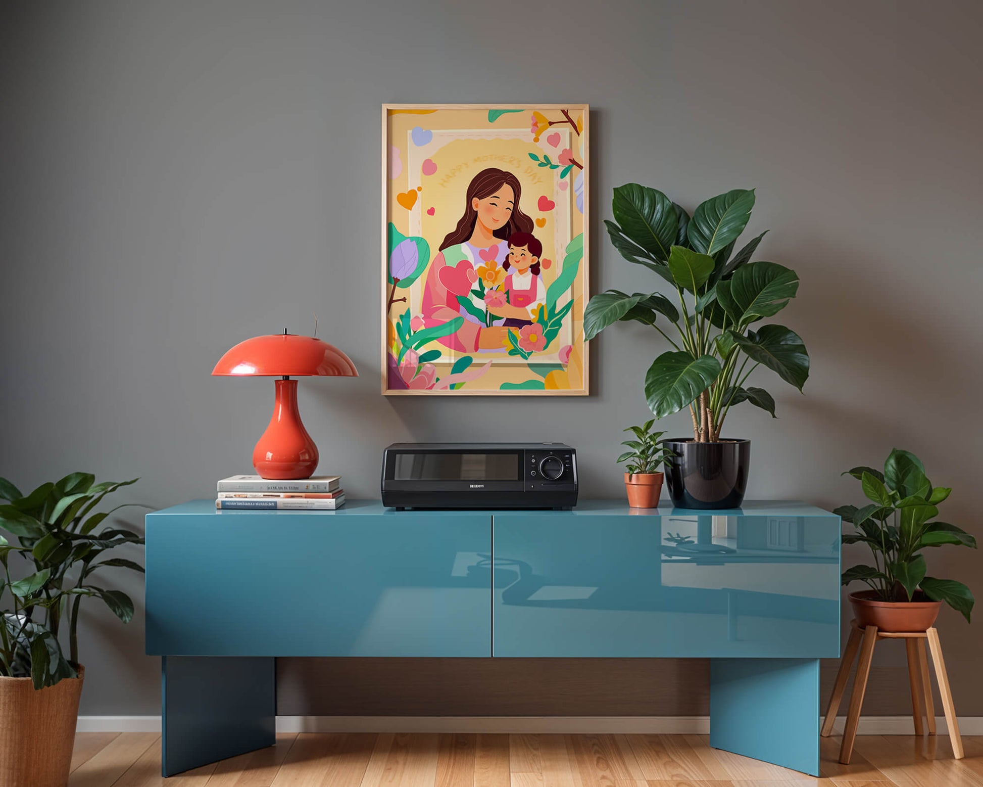 Illustration of mother and daughter with flowers for Mother's Day
