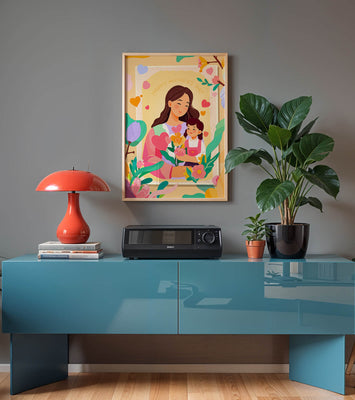 Illustration of mother and daughter with flowers for Mother's Day