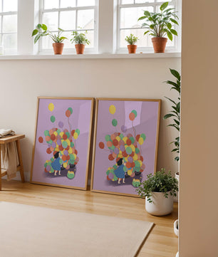 Bunte Luftballons mit einem Kind und einer Katze auf violettem Hintergrund