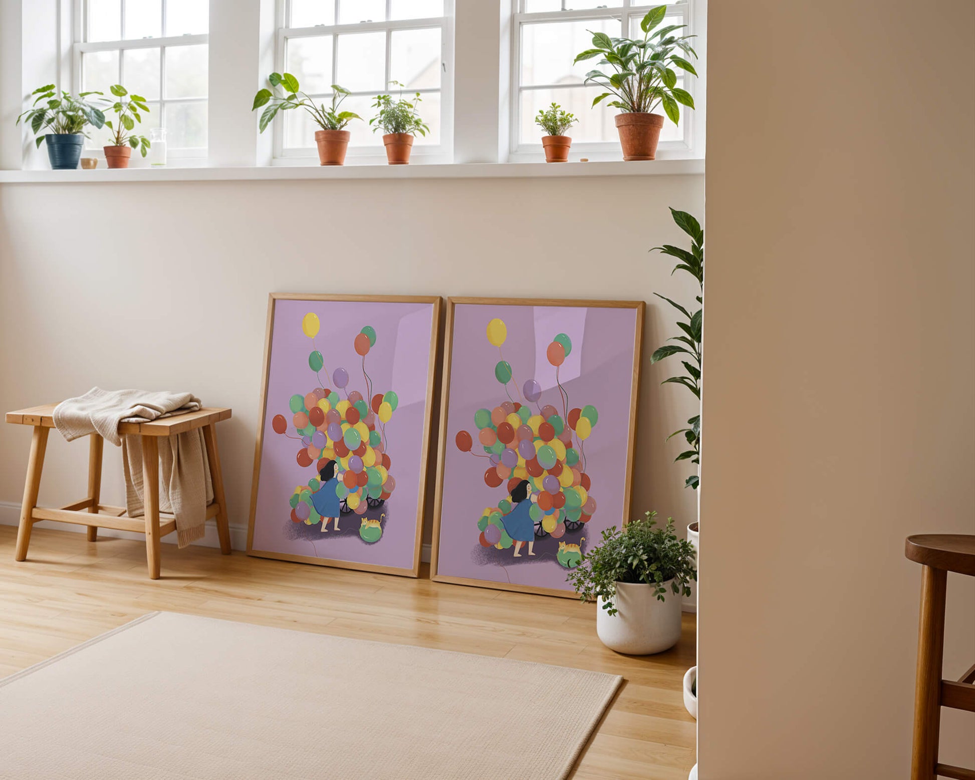 Bunte Luftballons mit einem Kind und einer Katze auf violettem Hintergrund