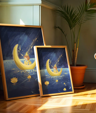 Voyage nocturne magique avec une fille dans un bateau-lune doré