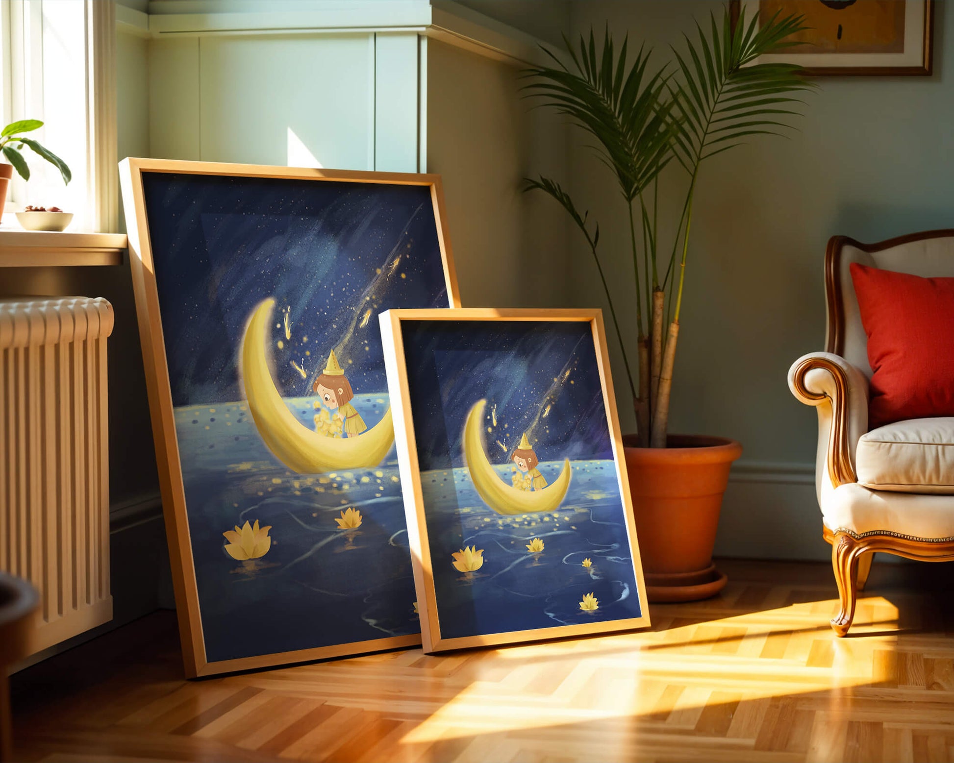 Magical Night Journey with Girl in Golden Moon Boat