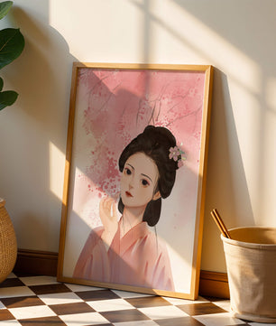 Femme japonaise traditionnelle avec des fleurs de cerisier roses en arrière-plan