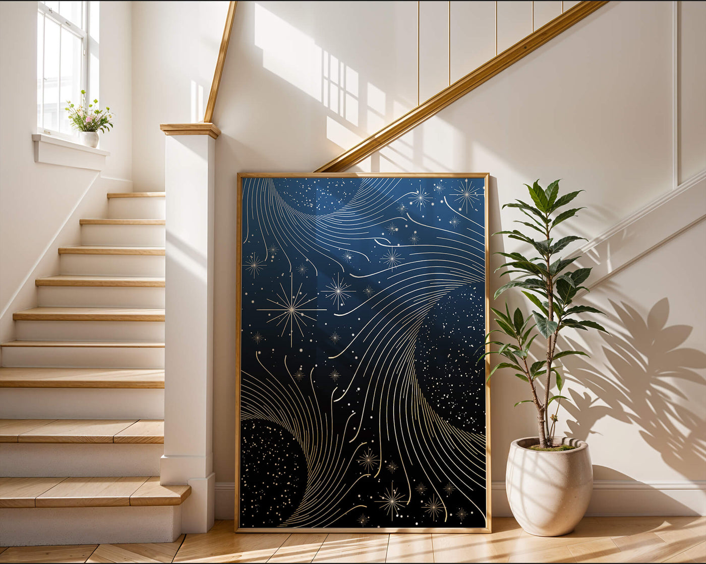Elegant starry night with golden cosmic swirls