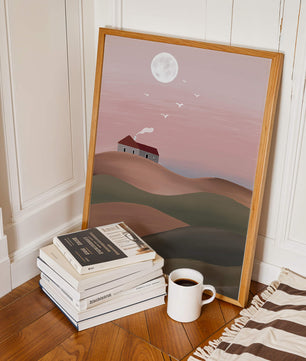 House On Pink Hill Under Full Moon