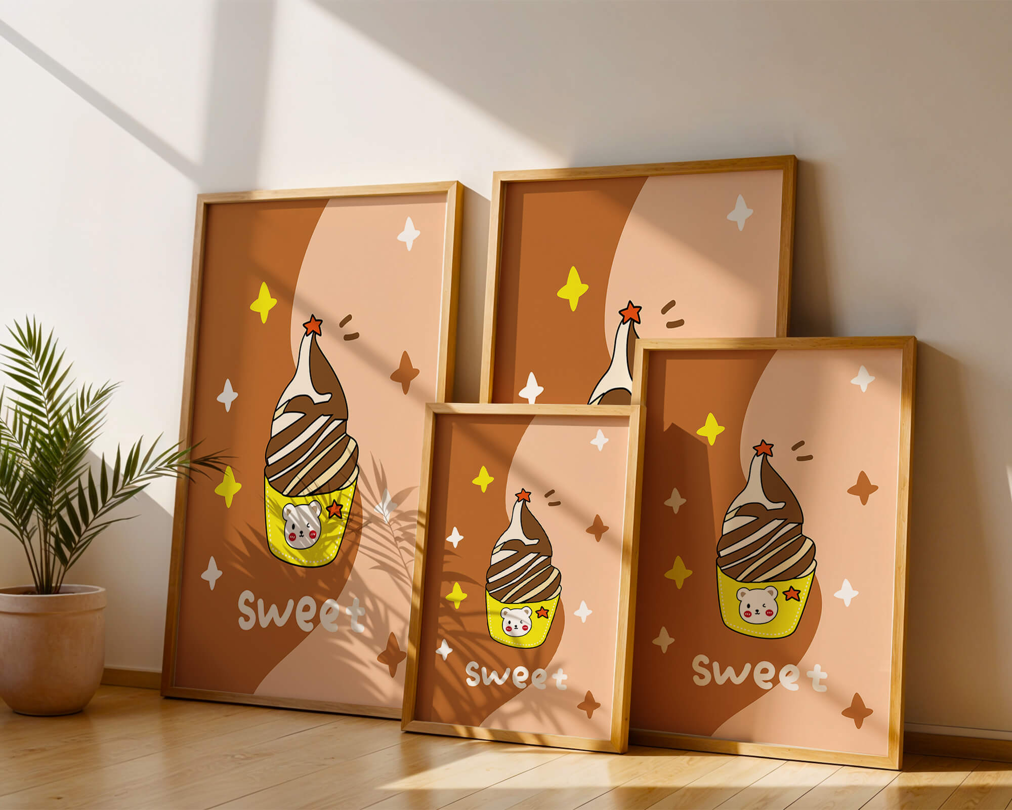 Adorable ice cream design with kawaii bear and colorful background