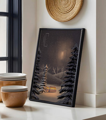 Snowy night scene with cabin and trees