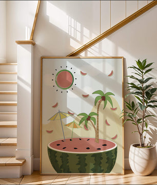 Summer Paradise with Watermelon Sun and Palms in Surreal Landscape