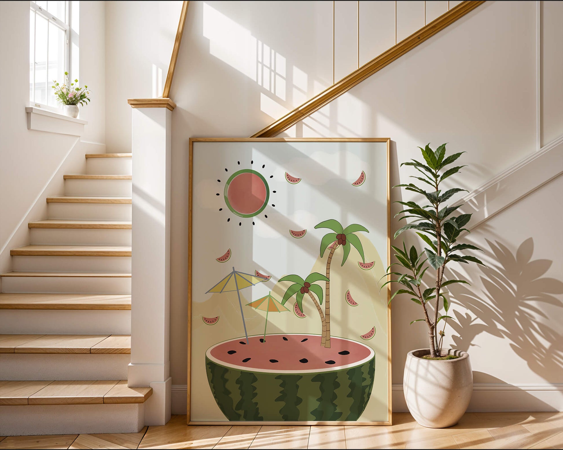 Summer Paradise with Watermelon Sun and Palms in Surreal Landscape