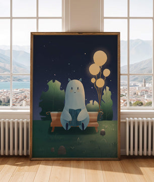 Ilustración nocturna acogedora con una criatura leyendo bajo un cielo estrellado