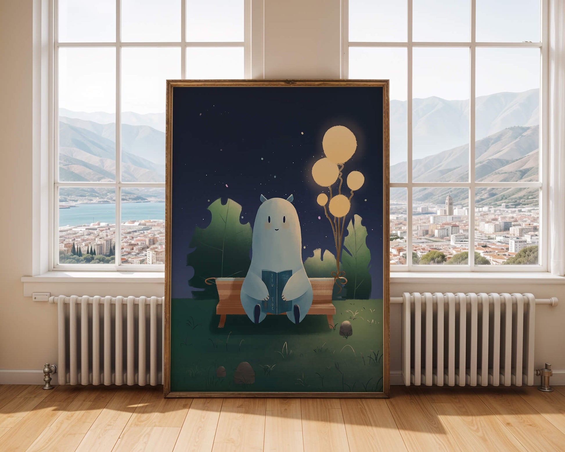 Cozy nighttime illustration with a creature reading under starry sky