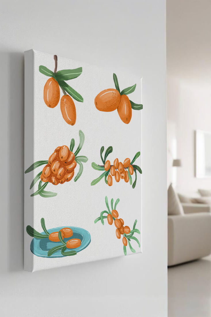 Illustrated sea buckthorn berries with leaves on black background