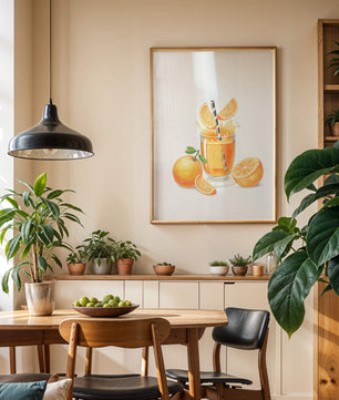 Illustration of a refreshing orange juice with fresh oranges and splash