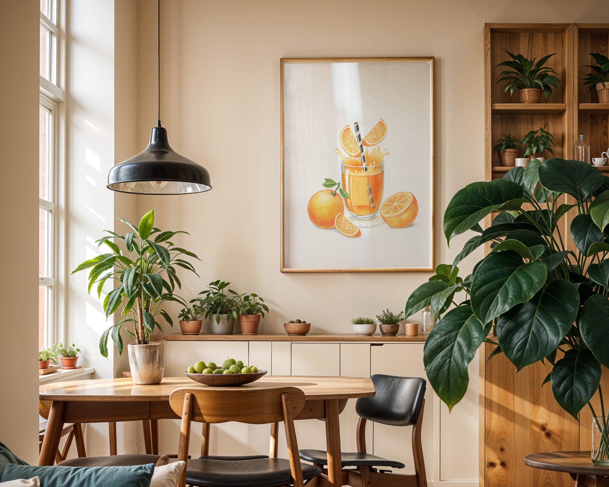 Illustration of a refreshing orange juice with fresh oranges and splash