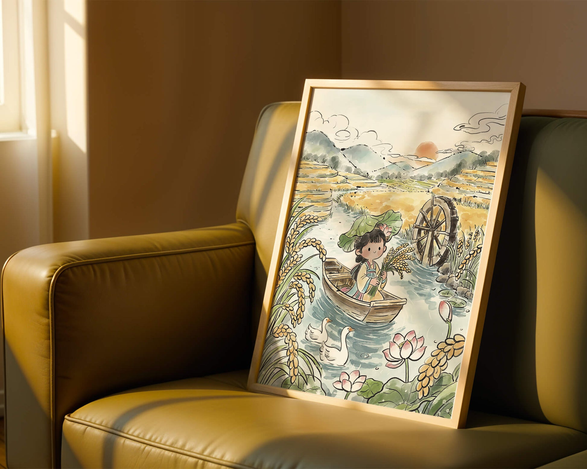 Niña en un bote con campos de arroz y atardecer de fondo