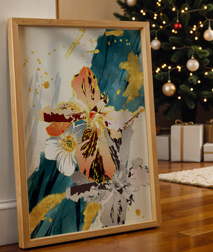 Obra de arte floral abstracta elegante con detalles dorados