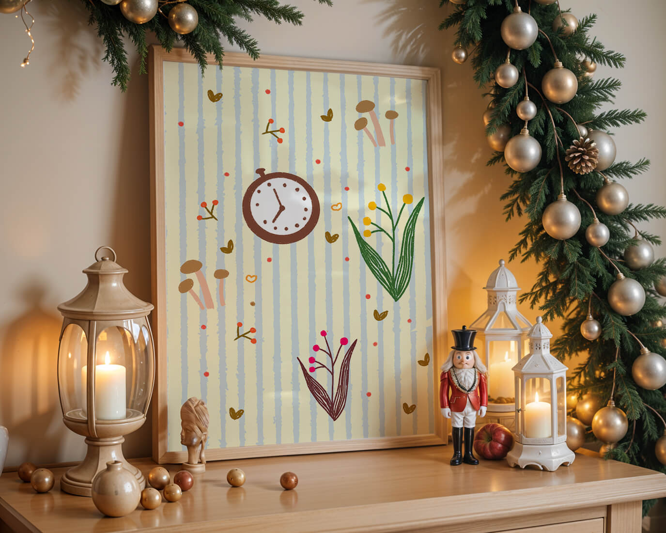Whimsical pattern with clock, mushrooms, and florals on striped background