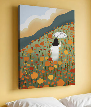 Woman with Umbrella in Blooming Field on a Sunny Day