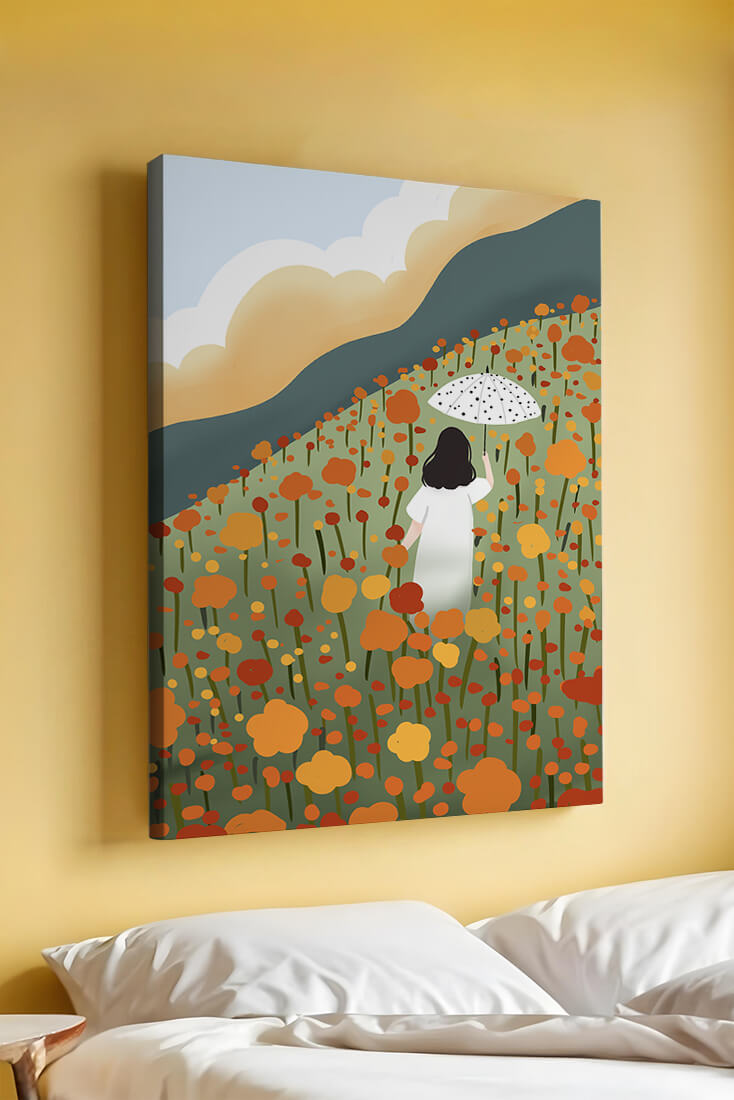 Woman with Umbrella in Blooming Field on a Sunny Day