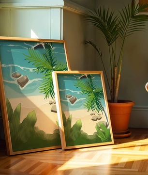 Serene tropical beach scene with lush greenery and calm waves