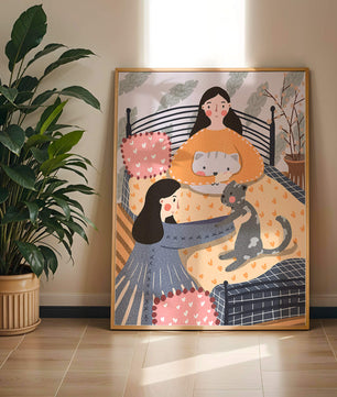 Escena interior acogedora con mujeres, gatos y elementos decorativos