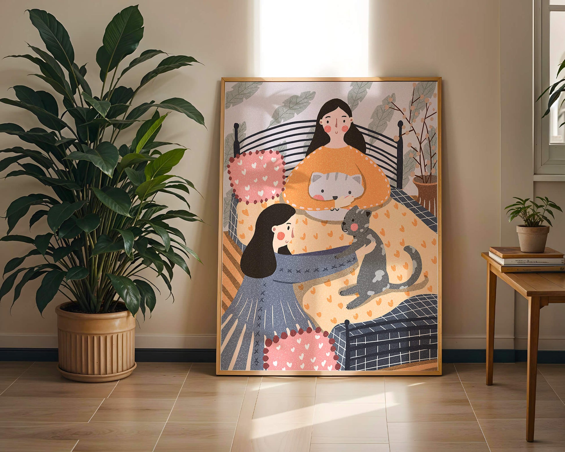 Escena interior acogedora con mujeres, gatos y elementos decorativos