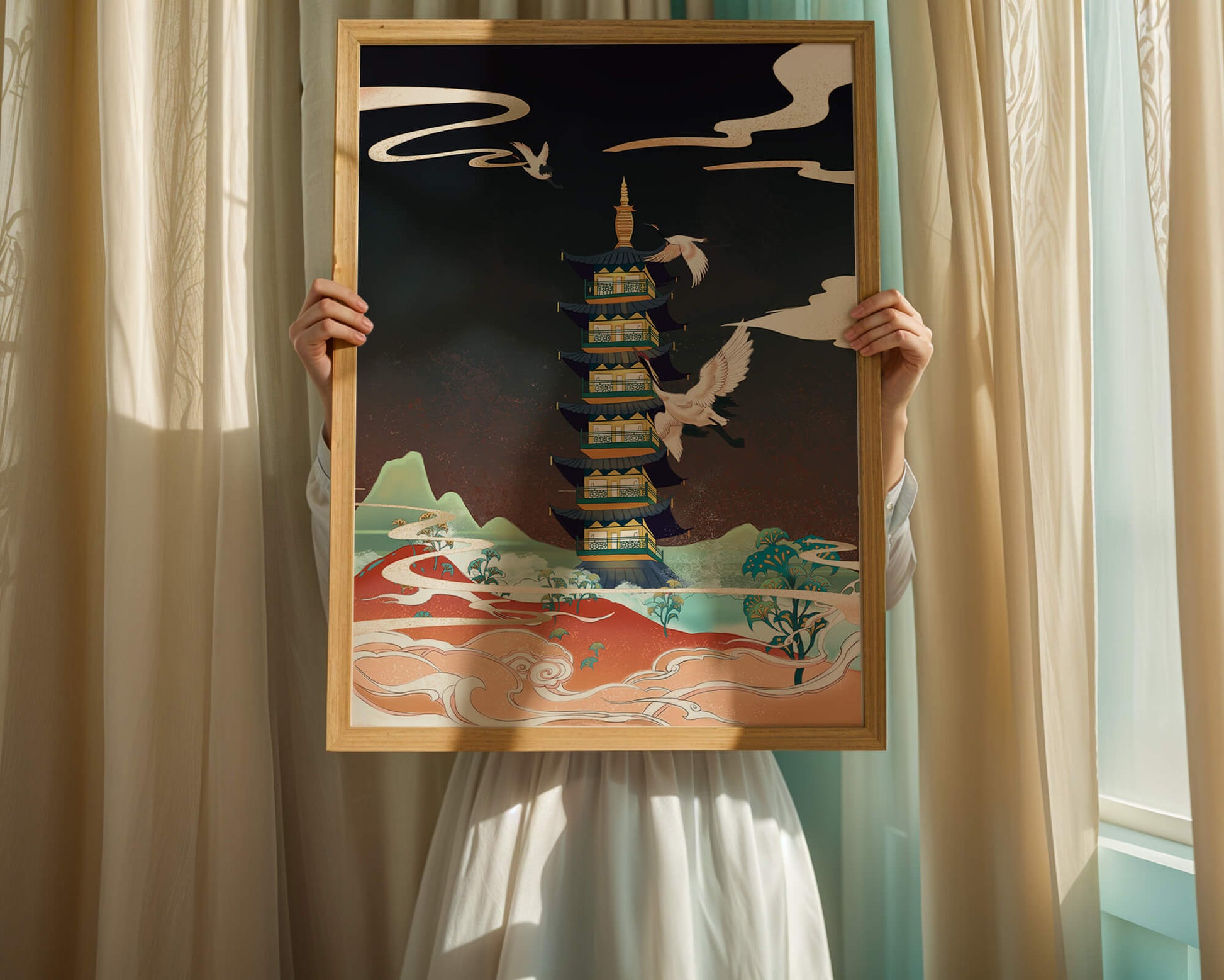 Illustrated scene of traditional pagoda with cranes in colorful landscape