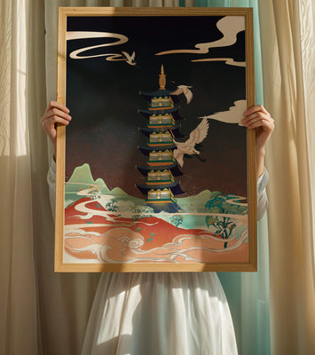 Illustrated scene of traditional pagoda with cranes in colorful landscape