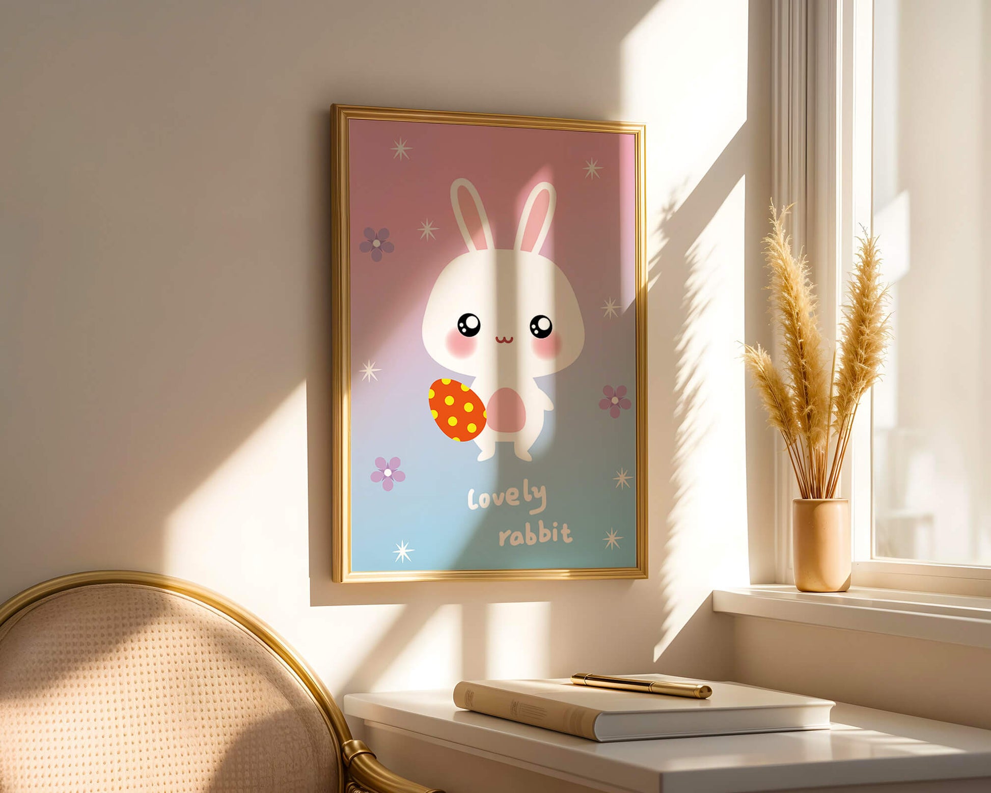 Adorable rabbit illustration with a colorful egg on a pastel background
