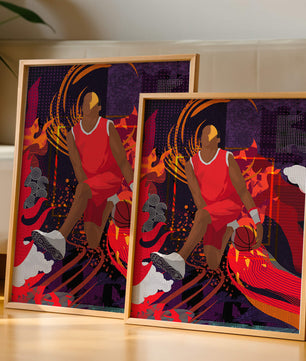 Ilustración dinámica de un jugador de baloncesto en movimiento con patrones abstractos