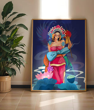 Colorful illustration of a woman in traditional attire with floral headdress