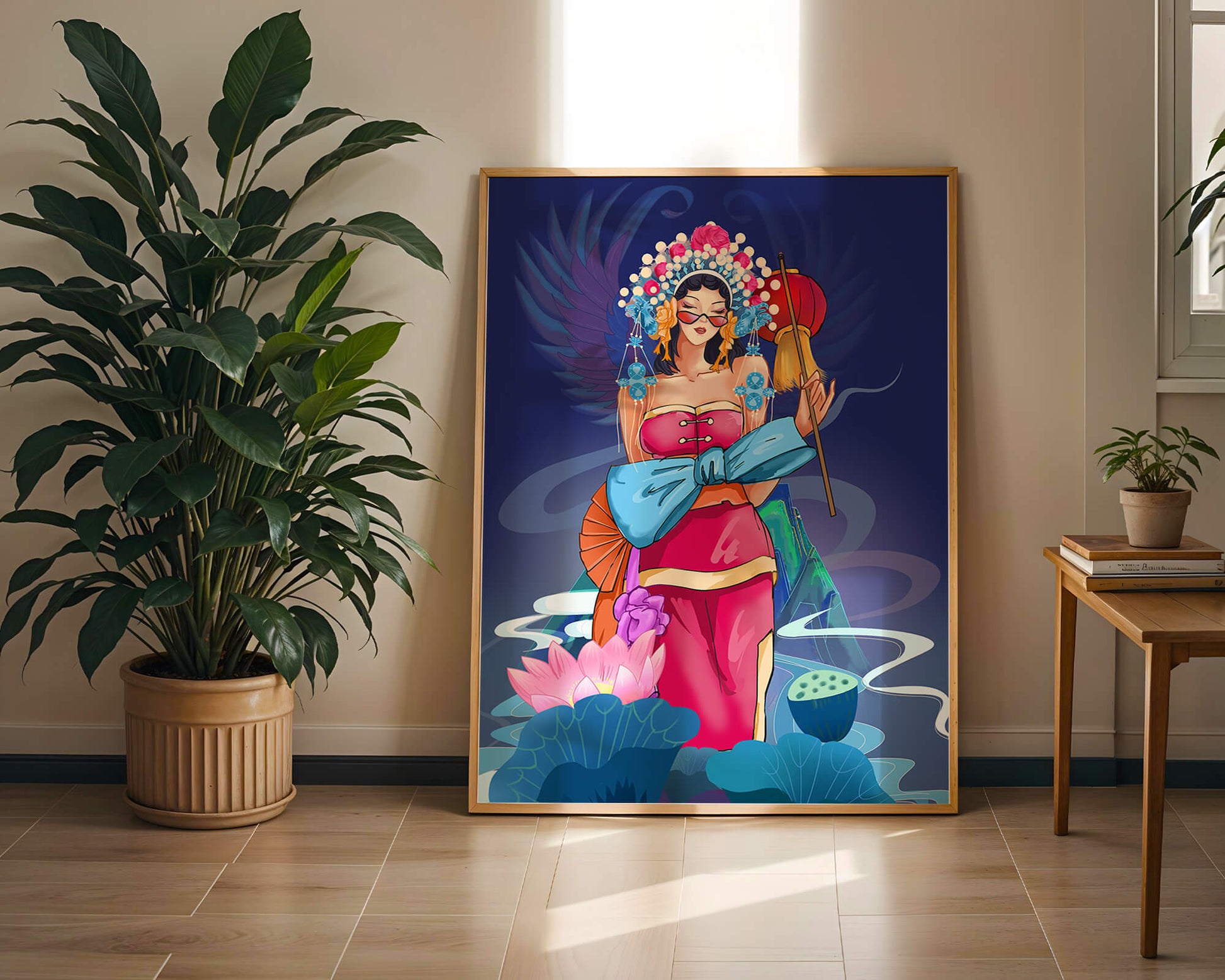 Colorful illustration of a woman in traditional attire with floral headdress