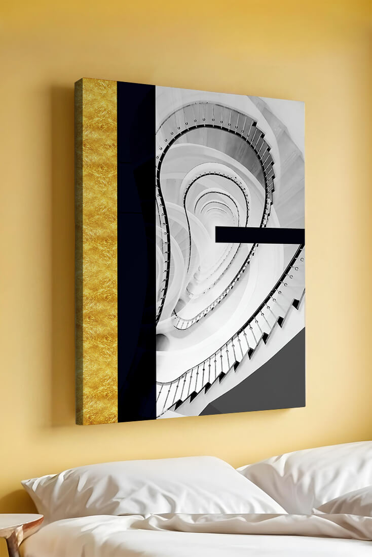 Abstract spiral staircase with a gold accent design