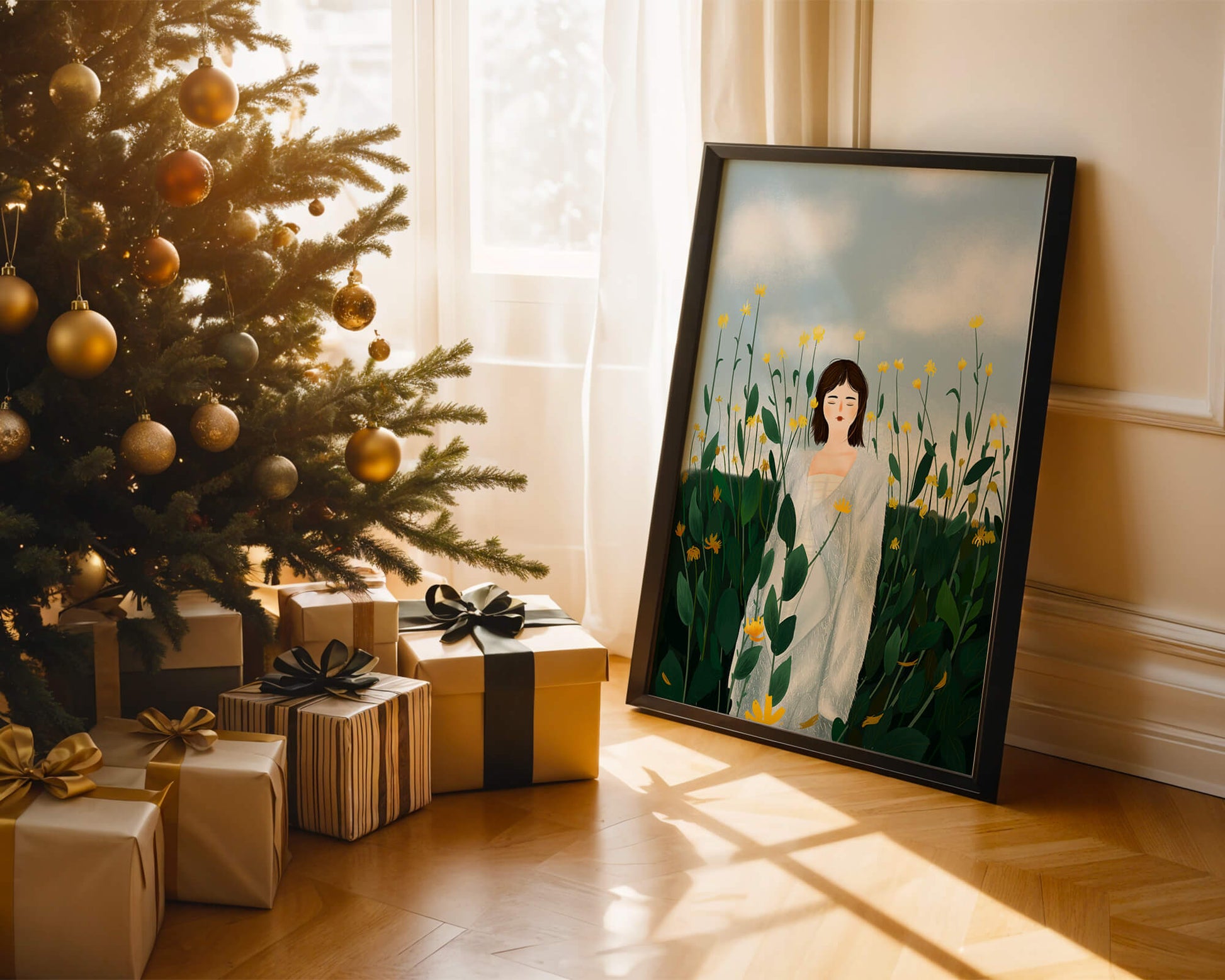 Mujer con abrigo blanco entre flores amarillas