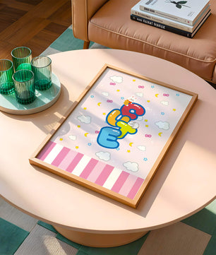 Playful pastel illustration with cute characters and clouds