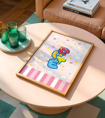 Playful pastel illustration with cute characters and clouds