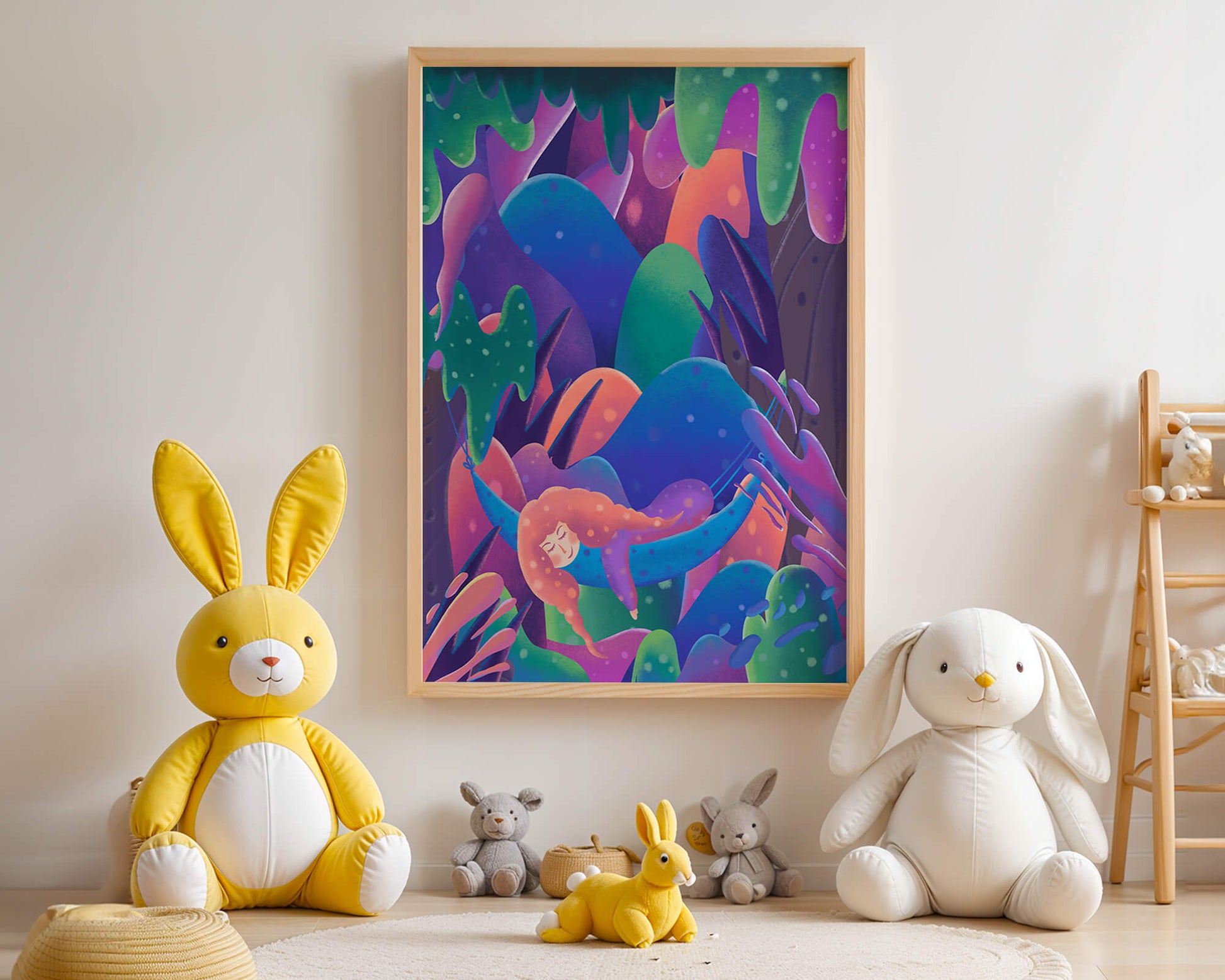 Selva surrealista onírica con mujer dormida