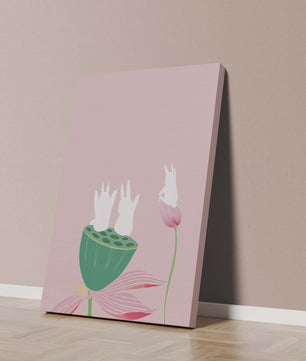Whimsical Rabbits on Lotus with Pink Background