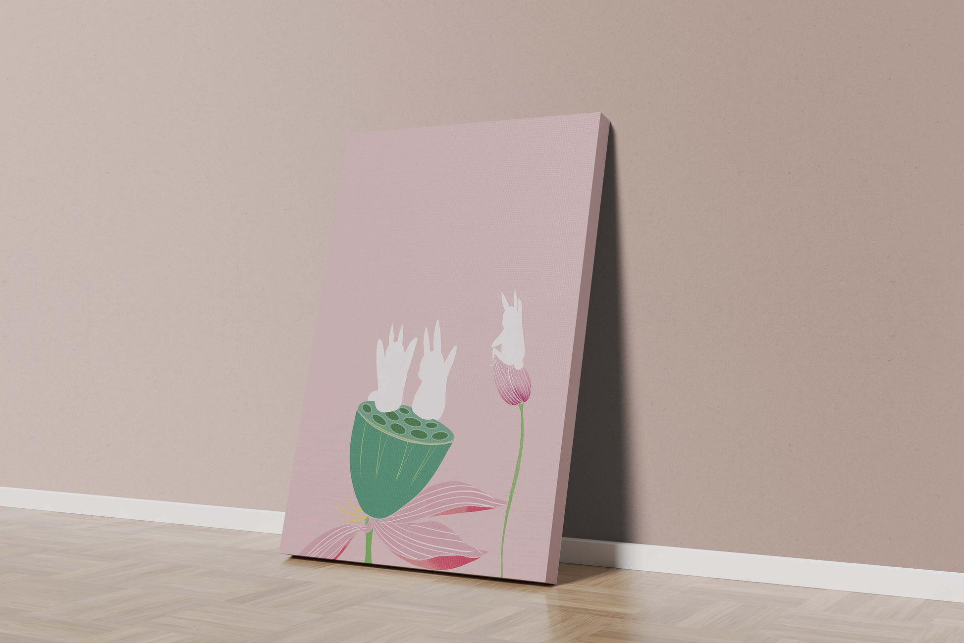 Whimsical Rabbits on Lotus with Pink Background