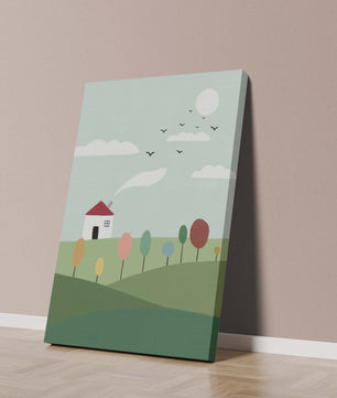 Minimalist Landscape with Colorful Trees and House