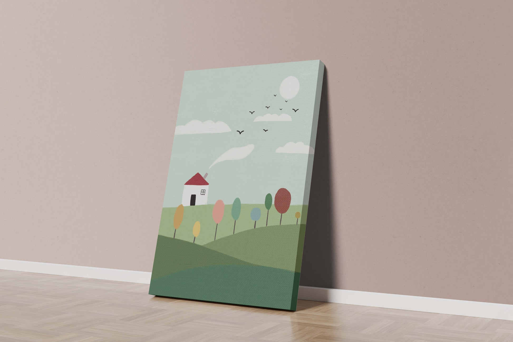 Minimalist Landscape with Colorful Trees and House