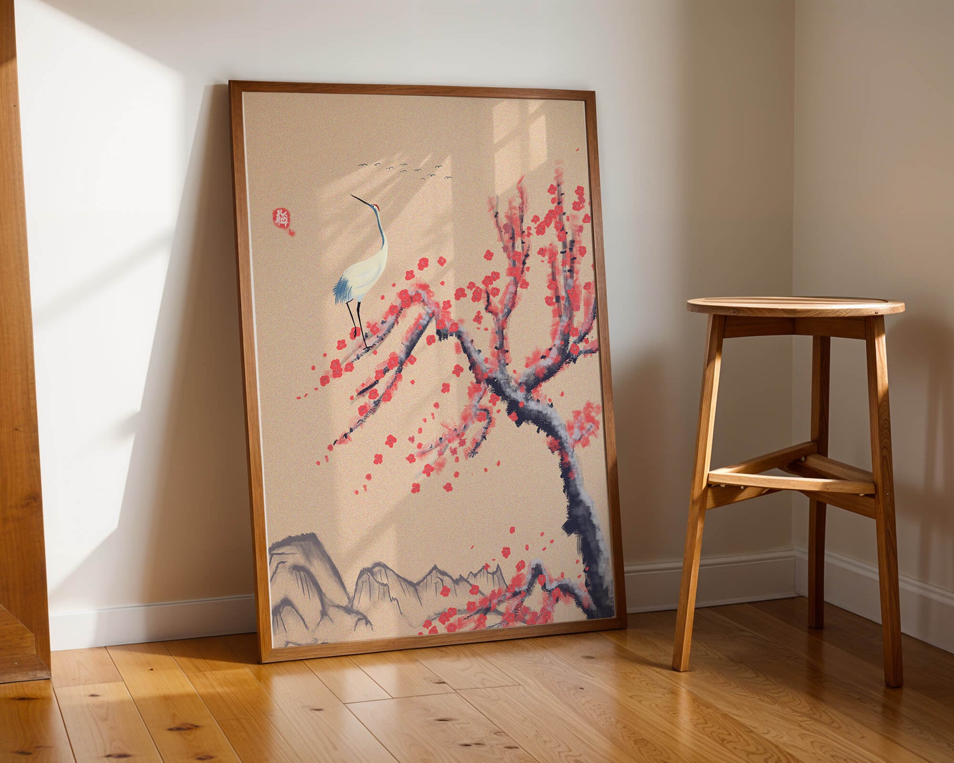 Elegant crane on cherry blossom tree with mountainous background