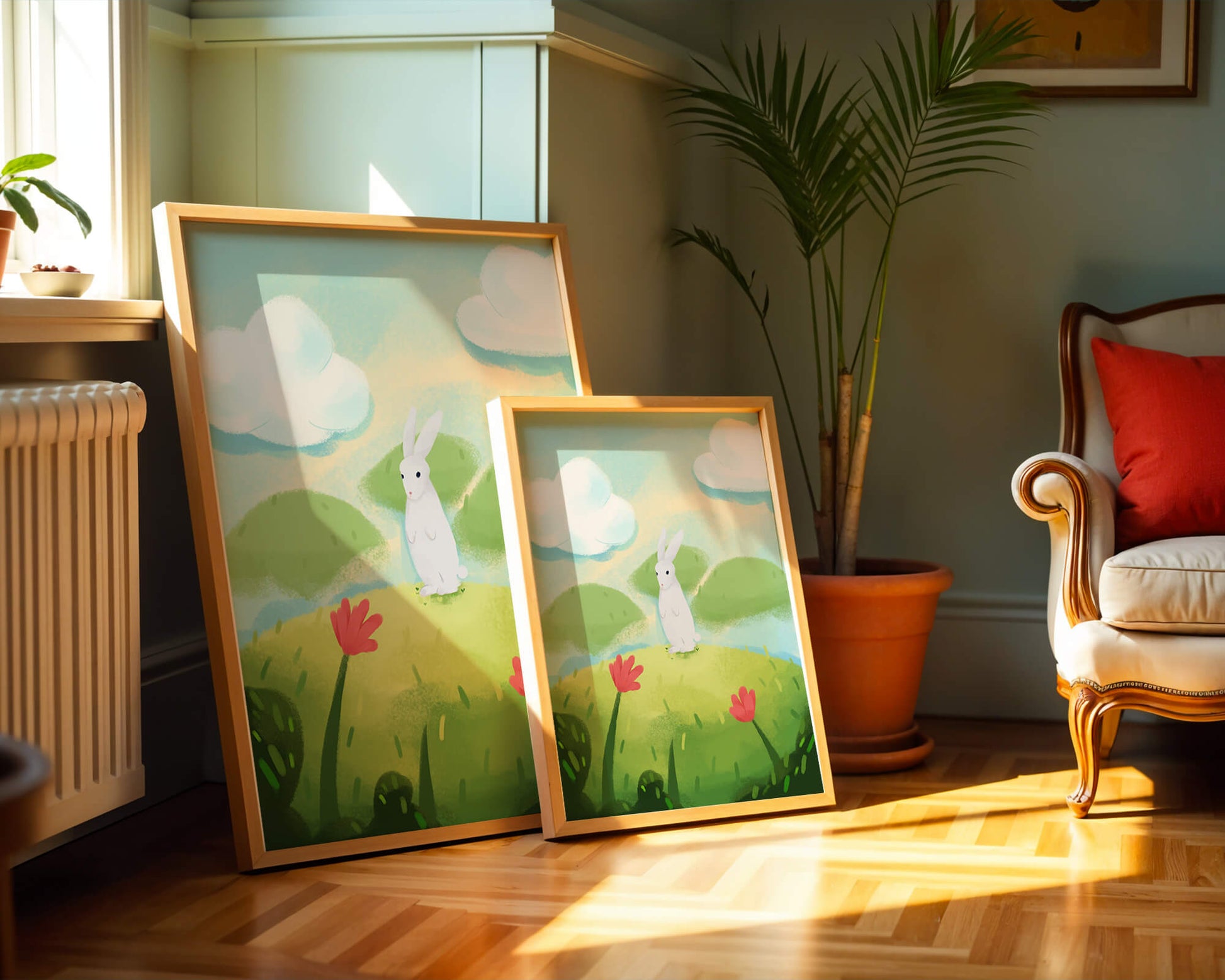 Whimsical landscape with rabbit and colorful flowers