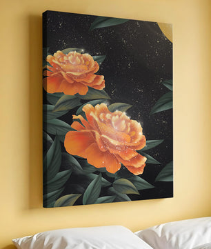Fantasía floral elegante con flores naranjas vibrantes y un brillo dorado