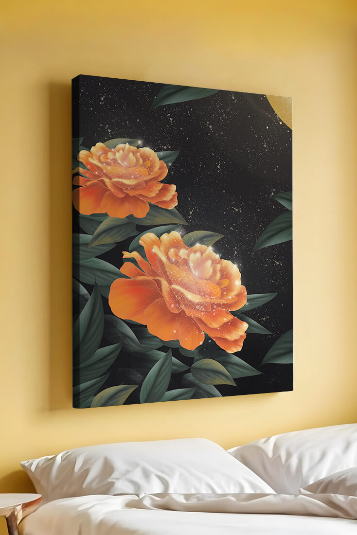 Fantasía floral elegante con flores naranjas vibrantes y un brillo dorado
